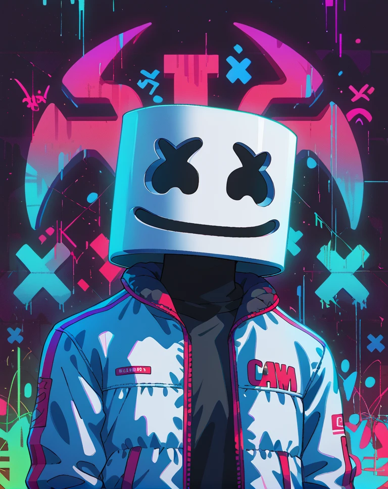 score_9, score_8_up, score_7_up BREAK ,cowboy shot,
wearing edgmrshml_mask, solo, 1boy, jacket, male focus, horns, helmet, multicolored background, abstract background, graffiti, glitch
 <lora:edgMarshmelloMaskPony:1>