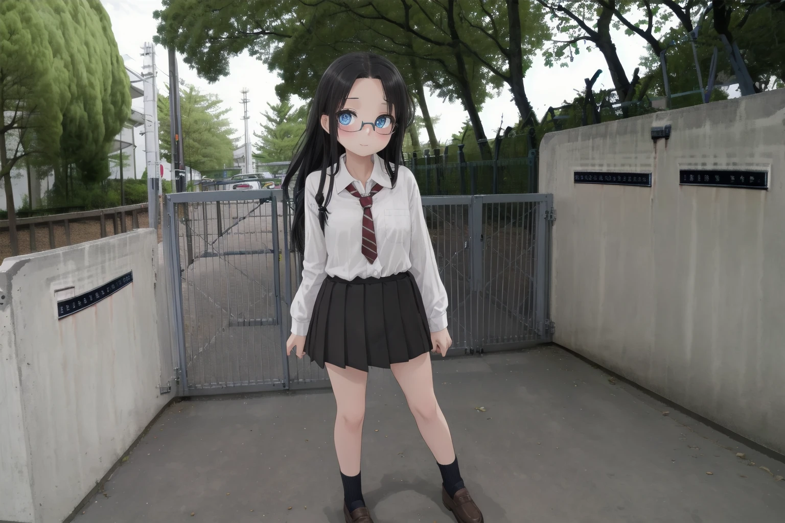 masterpiece, best quality, ultra-detailed, illustration,masterpiece, best quality, very aesthetic, absurdres,
1girl, solo, glasses, black hair, long hair, blue eyes, collared shirt, red necktie, pleated skirt, blue skirt, looking at viewer, blush, 
school gate, scenery, tree, outdoors, fence, day, grass, building, real world location
 <lora:schoolgate_SD15_V1:1>