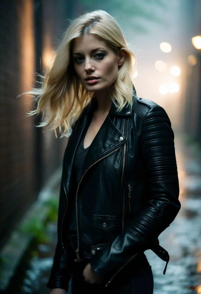 <lora:MoCCharlotteStokely_v1.1:1.5>  beauty photo, Moody, emotive half-length portrait of (MoCCharlotteStokely woman) with a tousled lob, in a structured leather jacket, standing in a foggy urban alley, cinematic chiaroscuro