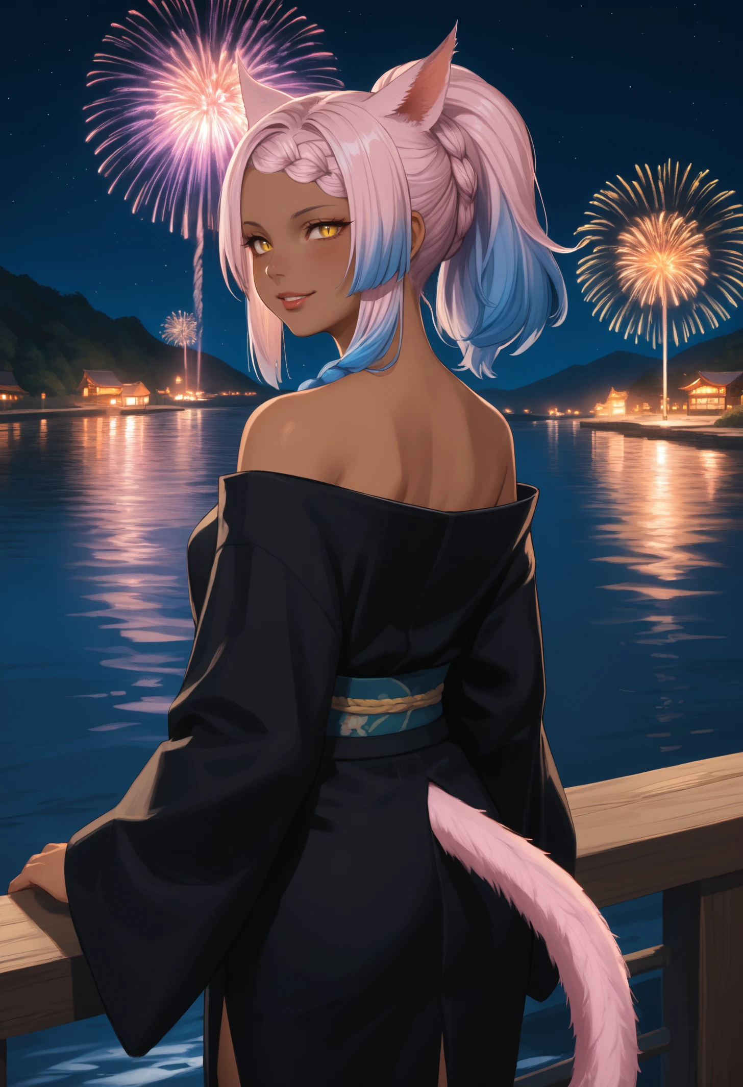 score_9, score_8_up, score_7_up, 1girl, eutropernd, dark-skinned female, yellow eyes, slit pupils, lipstick, animal ears, medium hair, two-tone hair, gradient hair, side braid, braid, ponytail, pink tail, cat tail, medium breasts,
black kimono, off-shoulder kimono,
looking at viewer, looking back, seductive smile, blush, parted lips, bedroom eyes, cowboy shot, rear view, railing,
outdoors, night, dark, fireworks, river,
<lora:Wicked-Thunder-Eutrope-PDXL_V1-Manityro-CAME:1.0>,