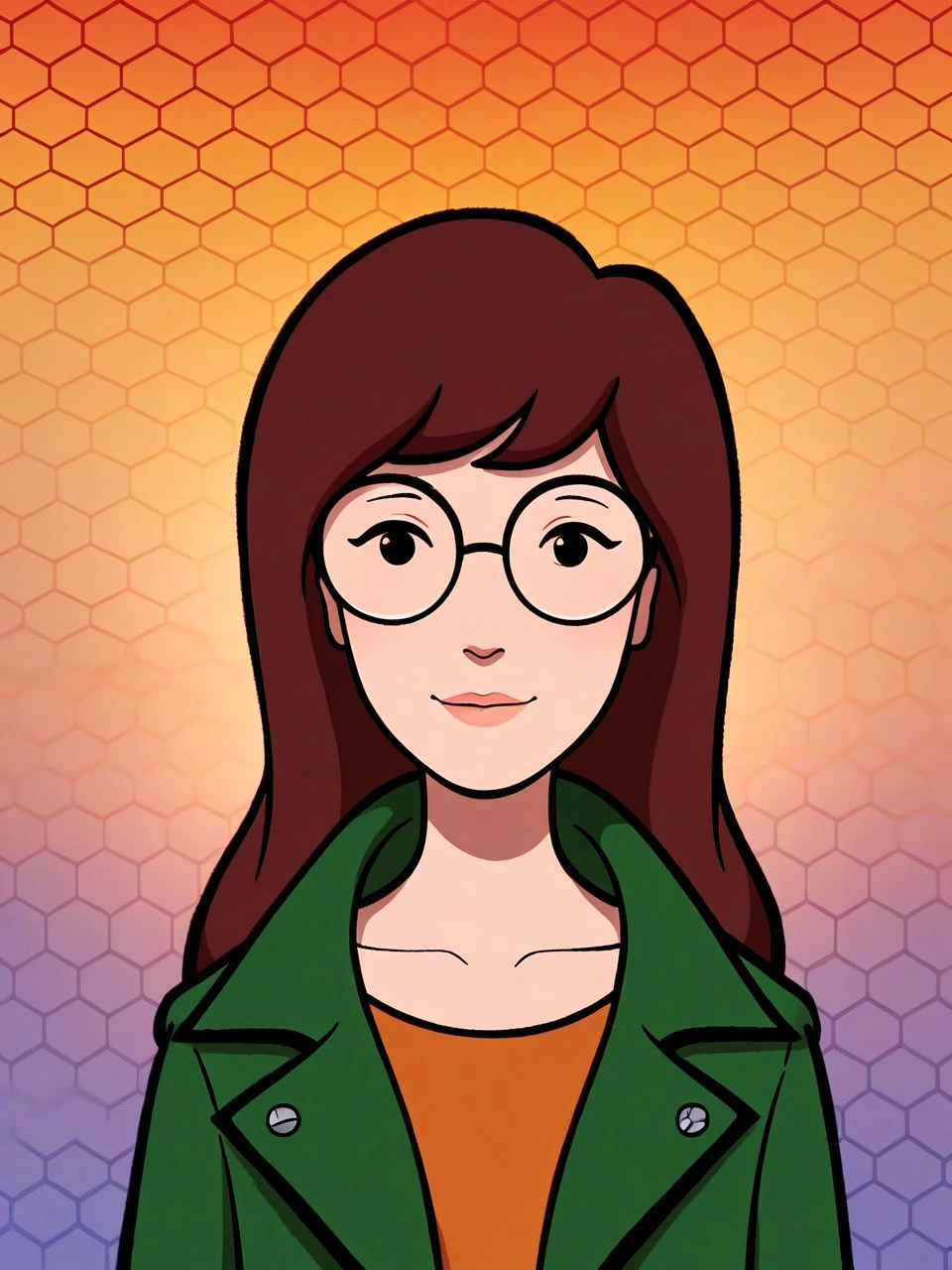 PonyXLV6_Scores, (rainbow gradient honeycomb \(pattern\) background:1.2), 1girl, solo, upper body portrait, warm slight smile, closed mouth, (looking at viewer:1.1),  <lora:dariaTV_PDXL new:0.9> dariaTV, brown hair, long hair, dot eyes, lips, round glasses, green jacket, orange shirt,