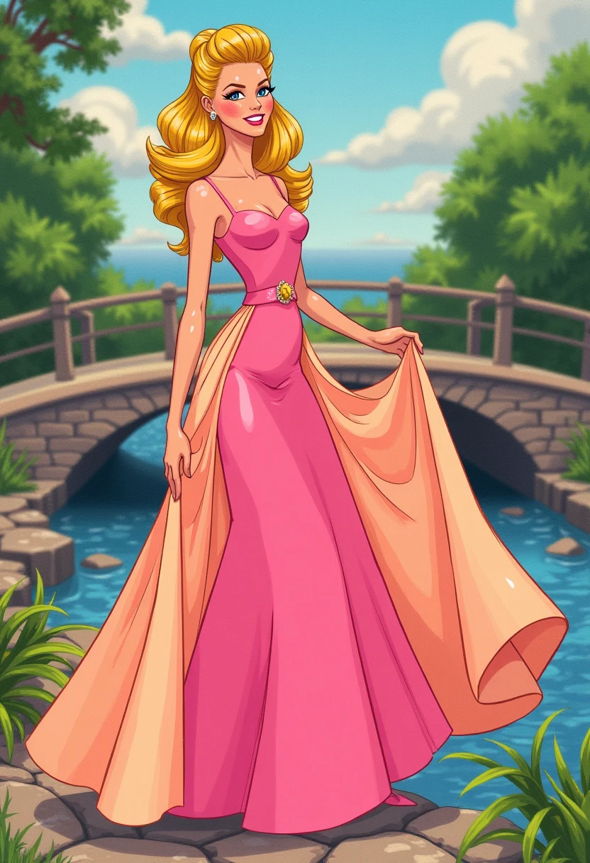 hud_millirob, in a colorful 2d 1980s retro artstyle, a woman smiling, wearing a long flowing pink and peach colored gown, she has blonde bouffant hair, pretty makeup and eyeliner. She is standing outside on a bridge over a small stream, looking at the viewer. She is posing in various model poses.