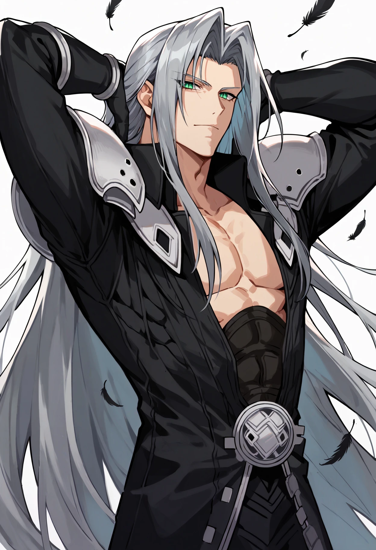 score_9, score_7_up, <lora:StS_PonyXL_Detail_Slider_v1.4_iteration_3:2> cowboy shot, arms behind head, wide image, reflection,
<lora:FFVII_Sephiroth_V1.0:1> sephiroth, official outfit, 1boy, male focus, solo, long hair, grey hair, armor, open clothes, shoulder armor, long sleeves, pectorals, black jacket, jacket, very long hair, parted bangs, black gloves, high collar, long bangs, black coat, green eyes, slit pupils, looking at viewer, falling feathers, (evil grin:0.8), expressionless, closed mouth