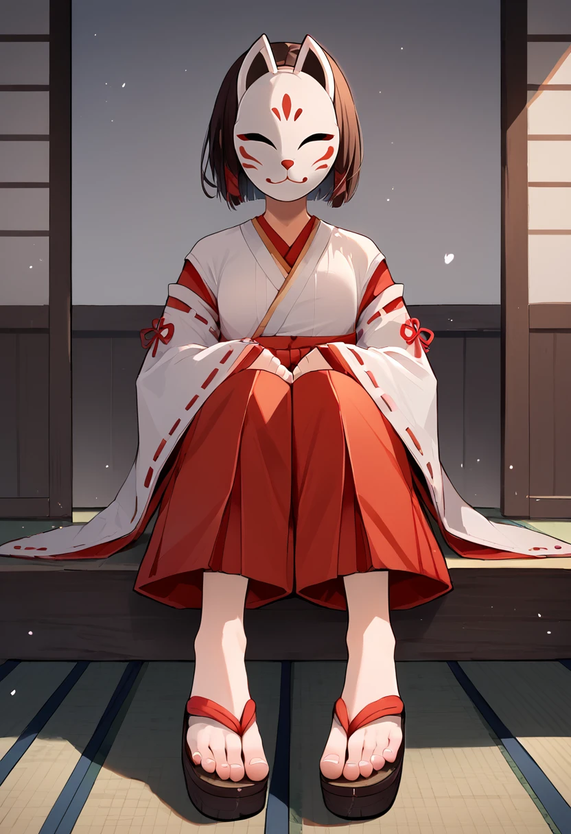 score_9, score_8_up, score_7_up, uncensored, masterpiece, best quality, source_anime BREAK 1girl, solo, kazari, mask, fox mask, covered face, faceless, short hair, brown hair, Expressiveh, miko, japanese clothes, hakama, wide sleeves, sleeves past wrists, red hakama, sitting, (tabi, sandals), foot focus, indoors <lora:Expressive_H:0.6> <lora:add-detail-xl:0.5> <lora:KazariHanachirusato:0.85> <lora:Cute_Anime_Feet_and_Soles:0.7>