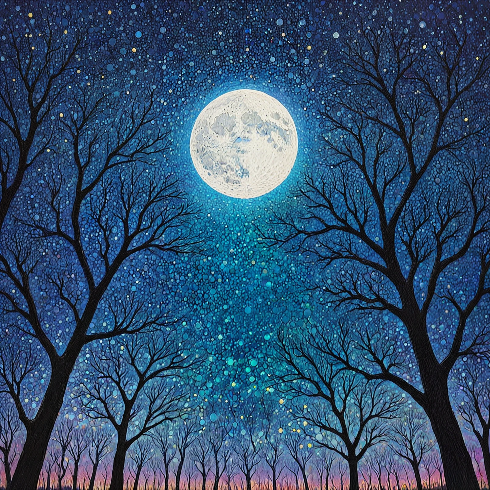 Pointillism. 

The moon, made of dots. Hanging in the sky above the trees.

<lora:Pointillistic01-01_CE_SDXL_96:0.9>