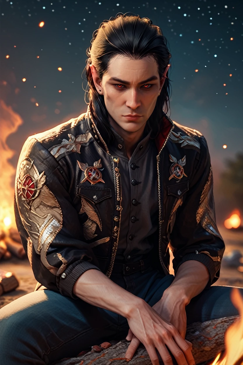 score_9, score_8_up, score_7_up, score_6_up
<lora:BGCazador:1.0>
BGCazador, 1boy, black hair, red eyes, looking at viewer, sitting by a campfire under the stars, wearing a rugged jacket, the glow of the fire on his face, serene and introspective mood, surrounded by nature