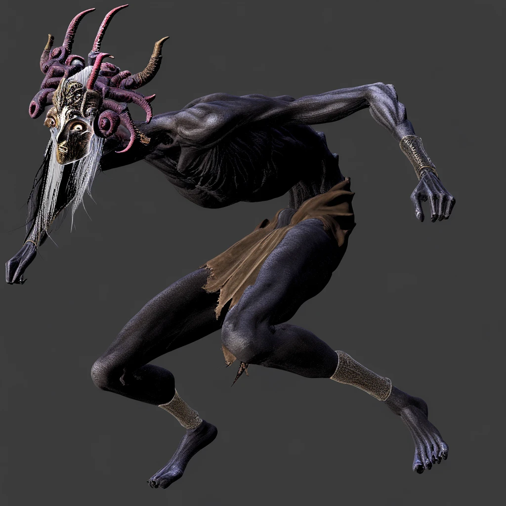 solo, 1boy, long claws, black nails, long hair, simple background, monster, humanoid, featureless chest, 3d, render, dark grey skin, dirty skin, white hair, horns, shirtless, gold mask, ankle guards, gauntlets, loincloth, faceless, short tail, lying on back, spreading legs, legs up