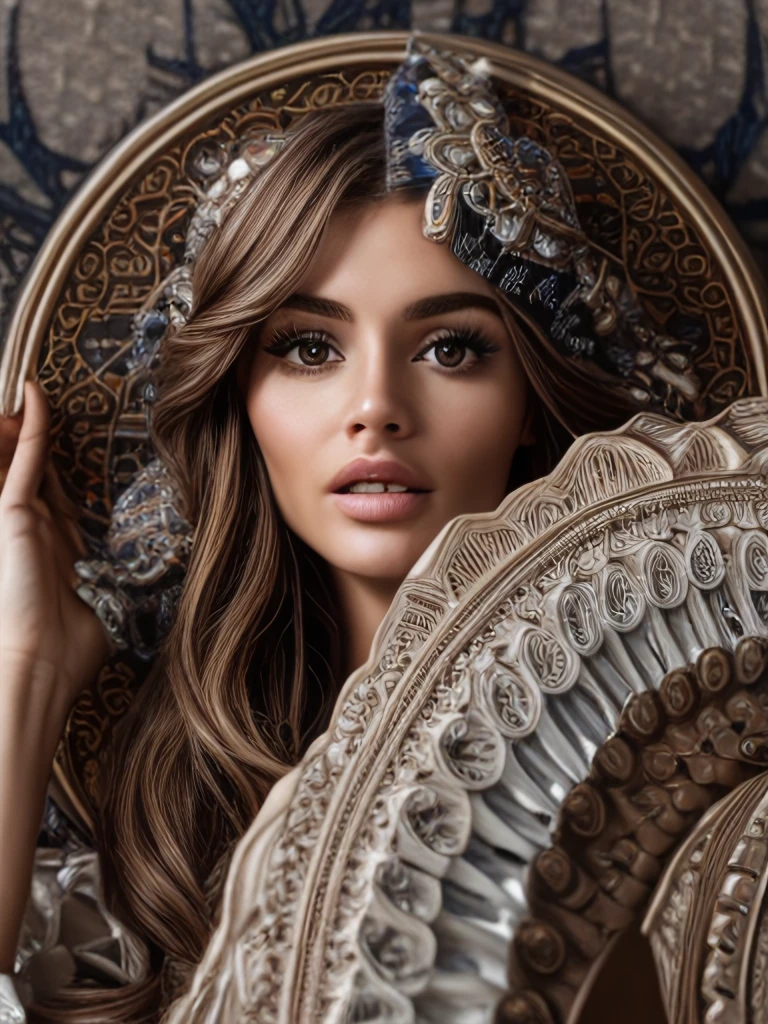 vv, 1girl, solo, realistic, bedroom, blurry, brown eyes, close-up, masterpiece, ((dark fantasy)), looking at viewer, lips, depth of field, brown hair, parted lips, victorian dress, luxury, embroidery, intricate, detailed, complex,((art nouveau)), hazy
