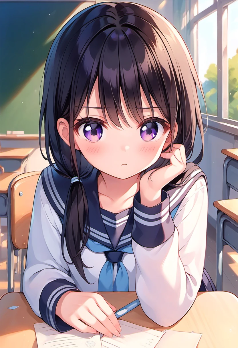score_9, score_8_up, score_7_up, source_anime, 1girl, black hair, low ponytails, purple eyes, school uniform, sailor collar, long sleeves, classroom, (pout:0.7), blush