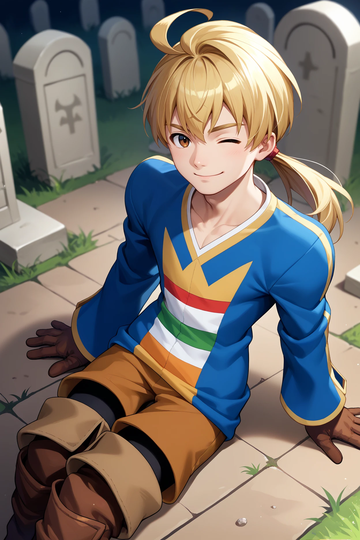 score_9, score_8_up, score_7_up, score_6_up, source_anime, 1boy, male focus, solo <lora:fframza-pdxl-nvwls-v1-000005:1> ramza beoulve, blonde hair, ahoge, brown eyes, low ponytail, blue shirt, long sleeves, brown pants, thigh boots, brown gloves, looking at you, wink, graveyard, sitting, on ground, from above, smile