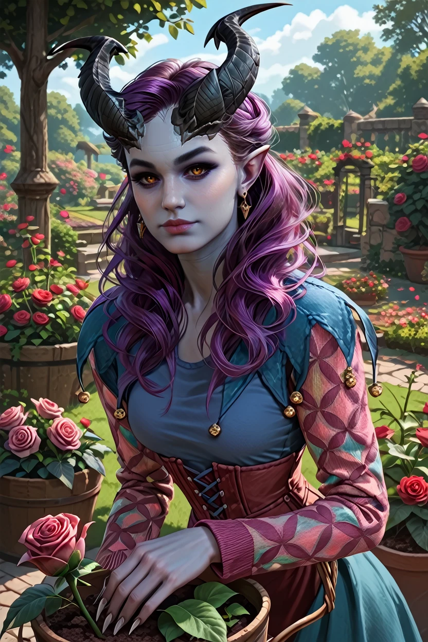 score_9, score_8_up, score_7_up, score_6_up
<lora:BGAlfira:1.0>
BGAlfira, 1girl,demon horns, purple hair, grey skin, long fingernails, looking at viewer, rose garden, gardening, floral background