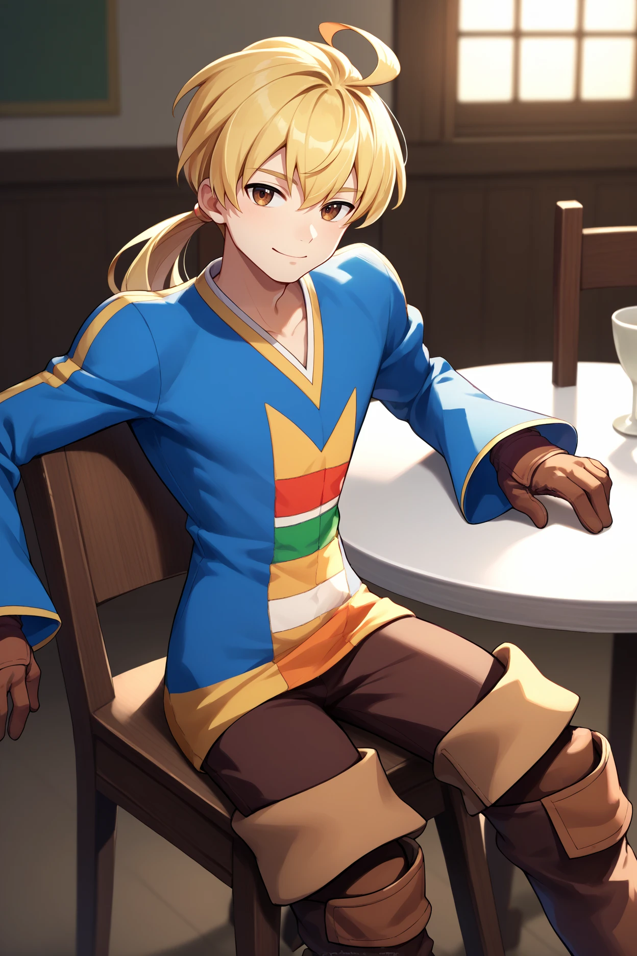 score_9, score_8_up, score_7_up, score_6_up, source_anime, 1boy, male focus <lora:fframza-pdxl-nvwls-v1-000005:1> ramza beoulve, blonde hair, ahoge, brown eyes, low ponytail, blue shirt, long sleeves, brown pants, thigh boots, brown gloves, looking at you, sitting, table, chair, looking at you, happy