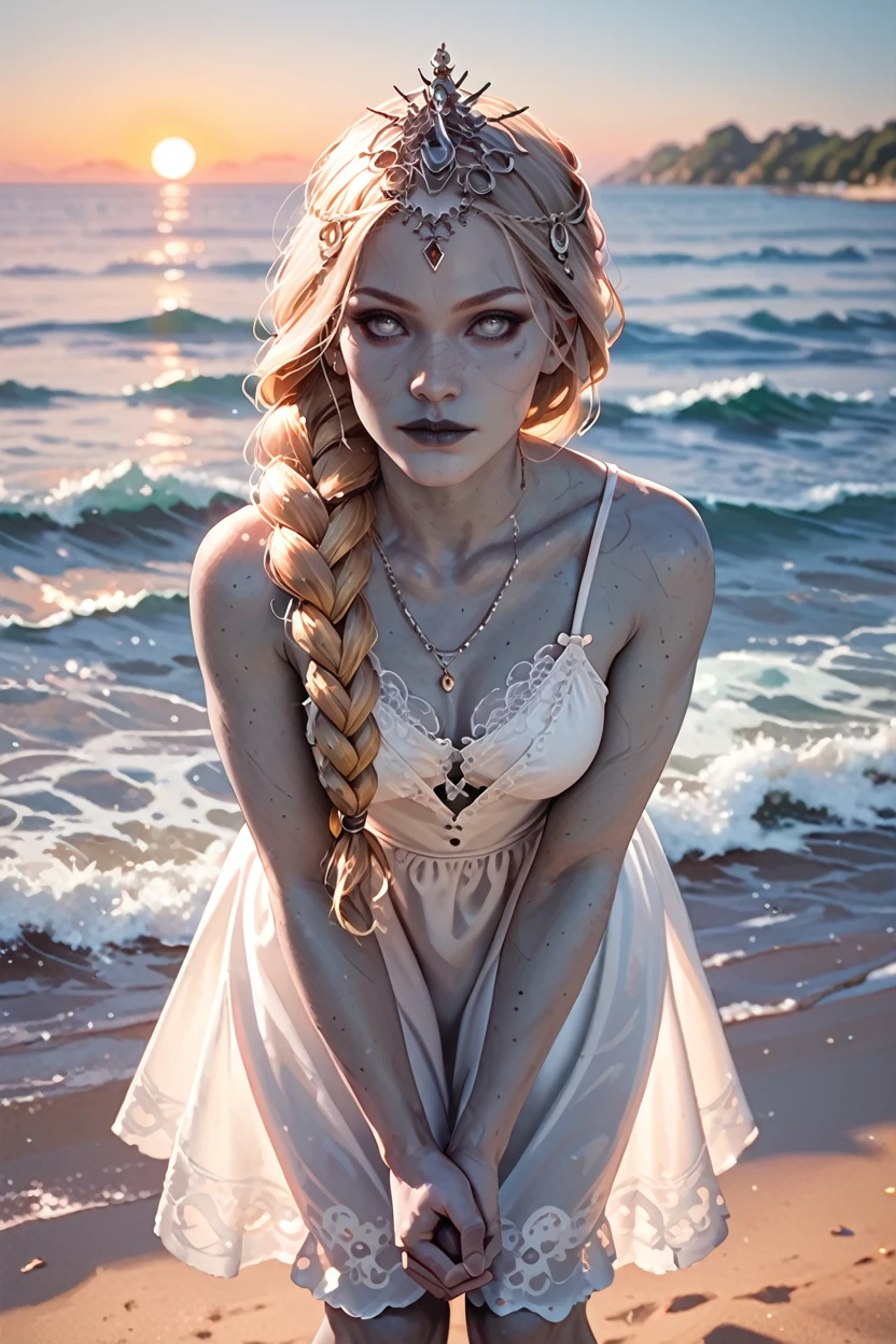 score_9, score_8_up, score_7_up, score_6_up
<lora:BGOrin:1.0>
BGOrin, 1girl, blonde hair, white eyes, grey skin, braid, long hair, looking at viewer, Leaning forward with hands clasped, on a beach during a vibrant sunset, sundress, playing with the waves