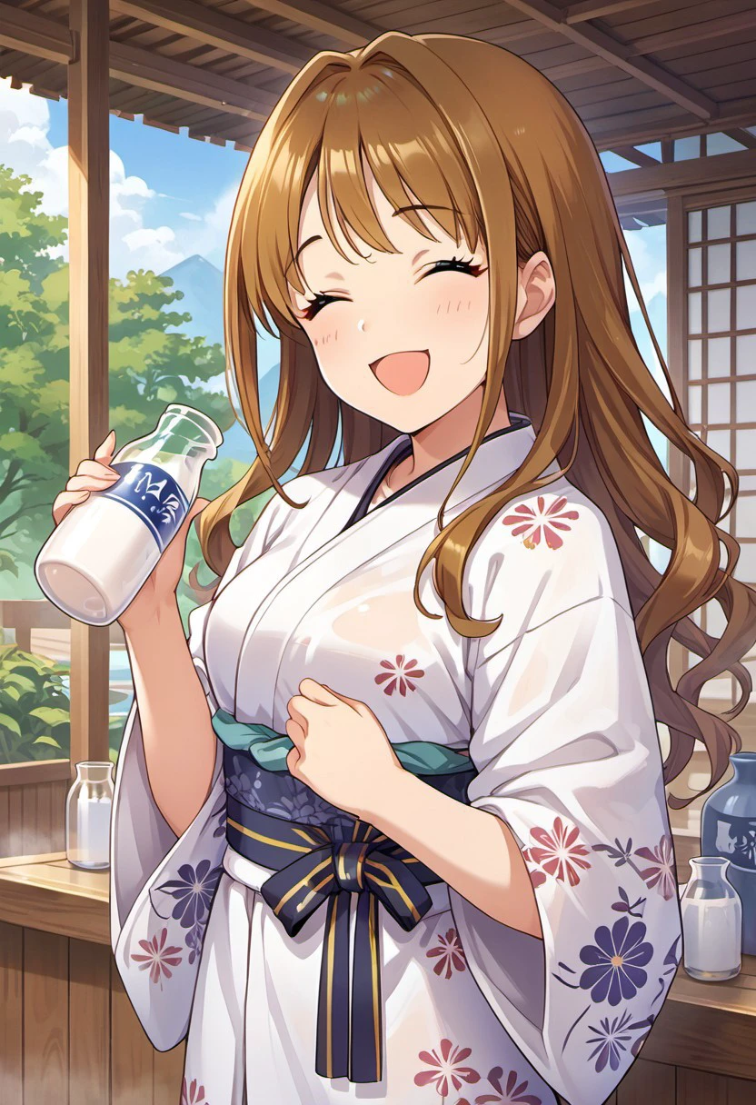 score_9, score_8_up, score_7_up, source_anime,hino akane, long hair, brown hair, green eyes, 1girl, closed eyes, solo, towel, bottle, milk bottle, open mouth, japanese clothes, kimono, smile