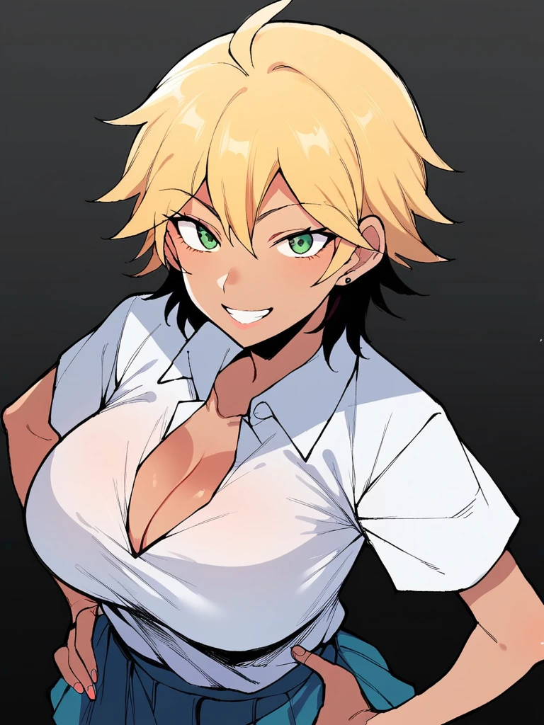 score_9, score_8_up, score_7_up, 
1girl, Kanako mc, two-tone hair, dark-skinned female, blonde hair, black hair, medium hair, green eyes, large breasts,

school uniform, blue skirt, pleated skirt, white shirt, short sleeves, cleavage, 

black background, smile, looking at viewer, hand on hip,