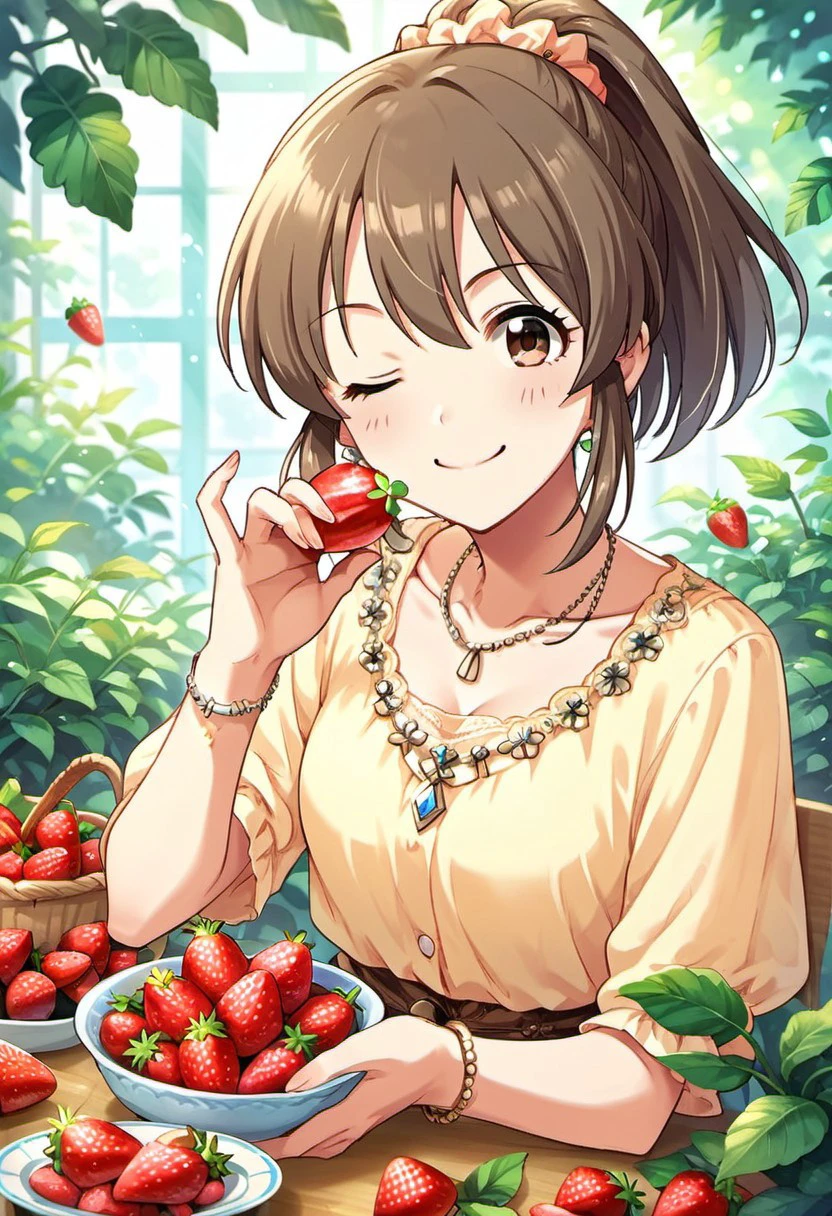 score_9, score_8_up, score_7_up, source_anime,hori yuuko, brown hair, ponytail, brown eyes, 1girl, food, fruit, one eye closed, strawberry, jewelry, necklace, solo, smile, bracelet, ;), scrunchie