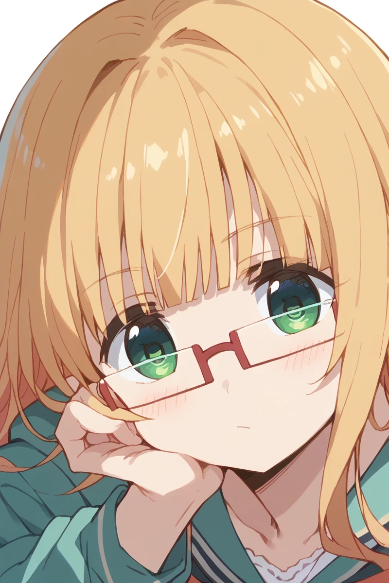 score_9, score_8_up, score_7_up, score_6_up,
 <lora:Mitsuki_Sonoda:1> mitsuki, solo, 1girl, glasses, green eyes, blonde hair, looking at viewer, bangs, close-up, head rest,