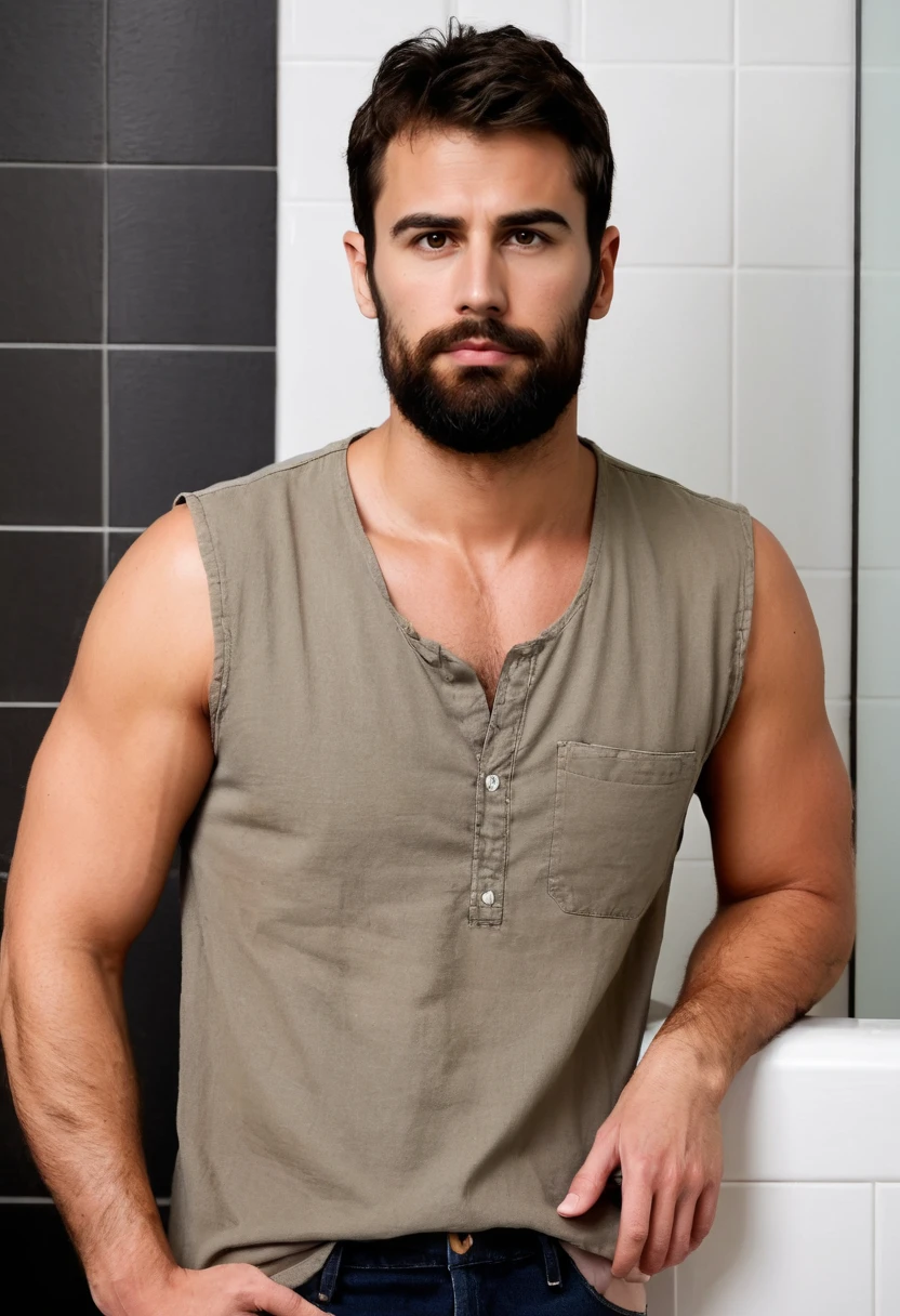 half body photo of a man,th30, beard, at a bathroom, wearing a casual outfit, looking at viewer<lora:Theo_James_2014_SDXL:.9>