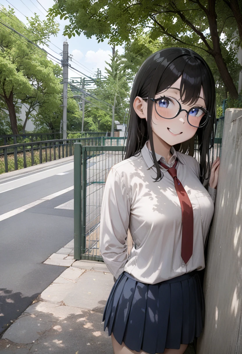 masterpiece, best quality, very aesthetic, absurdres,
1girl, solo, glasses, black hair, long hair, blue eyes, collared shirt, red necktie, pleated skirt, blue skirt, looking at viewer, blush, smile, happy, 
school gate, scenery, tree, outdoors, fence, day, building, power lines, real world location, sky
<lora:schoolgate_SDXL_V1:1>