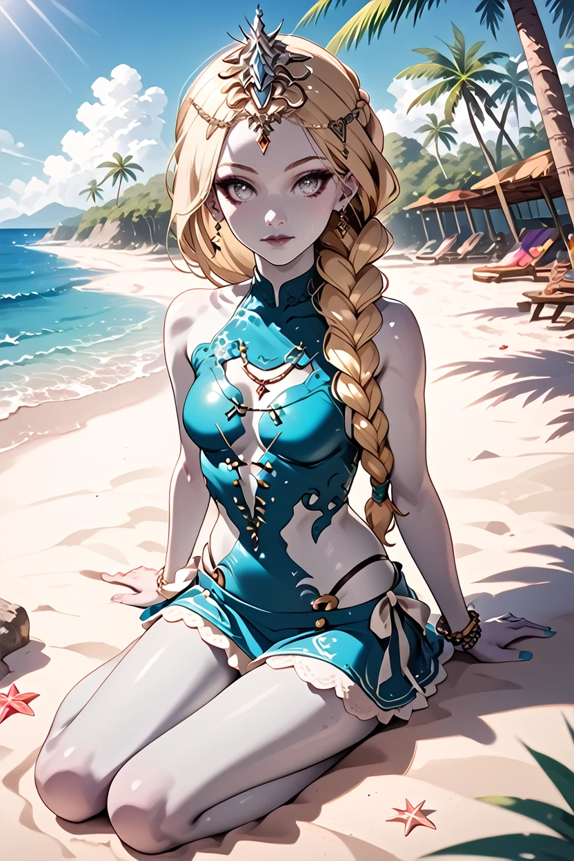 score_9, score_8_up, score_7_up, score_6_up
<lora:BGOrin:1.0>
BGOrin, 1girl, blonde hair, white eyes, grey skin, braid, long hair, looking at viewer, Sitting on ground, legs to one side, at the beach, minidress, palm trees, sundown