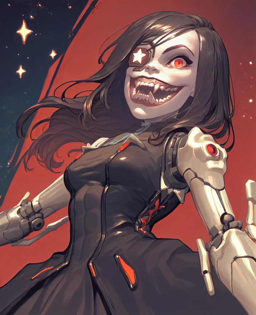 score_9, score_8_up, score_7_up, score_6_up, beatrixxl, red eyes,  black hair,  long hair eyepatch, mechanical arms, 
black dress,  smile,   open mouth,    sharp teeth,  
 solo,   standing, smile,  looking at viewer,      
stars,  red sky,  night,  
  looking at viewer,  <lora:BeatrixXL:1>