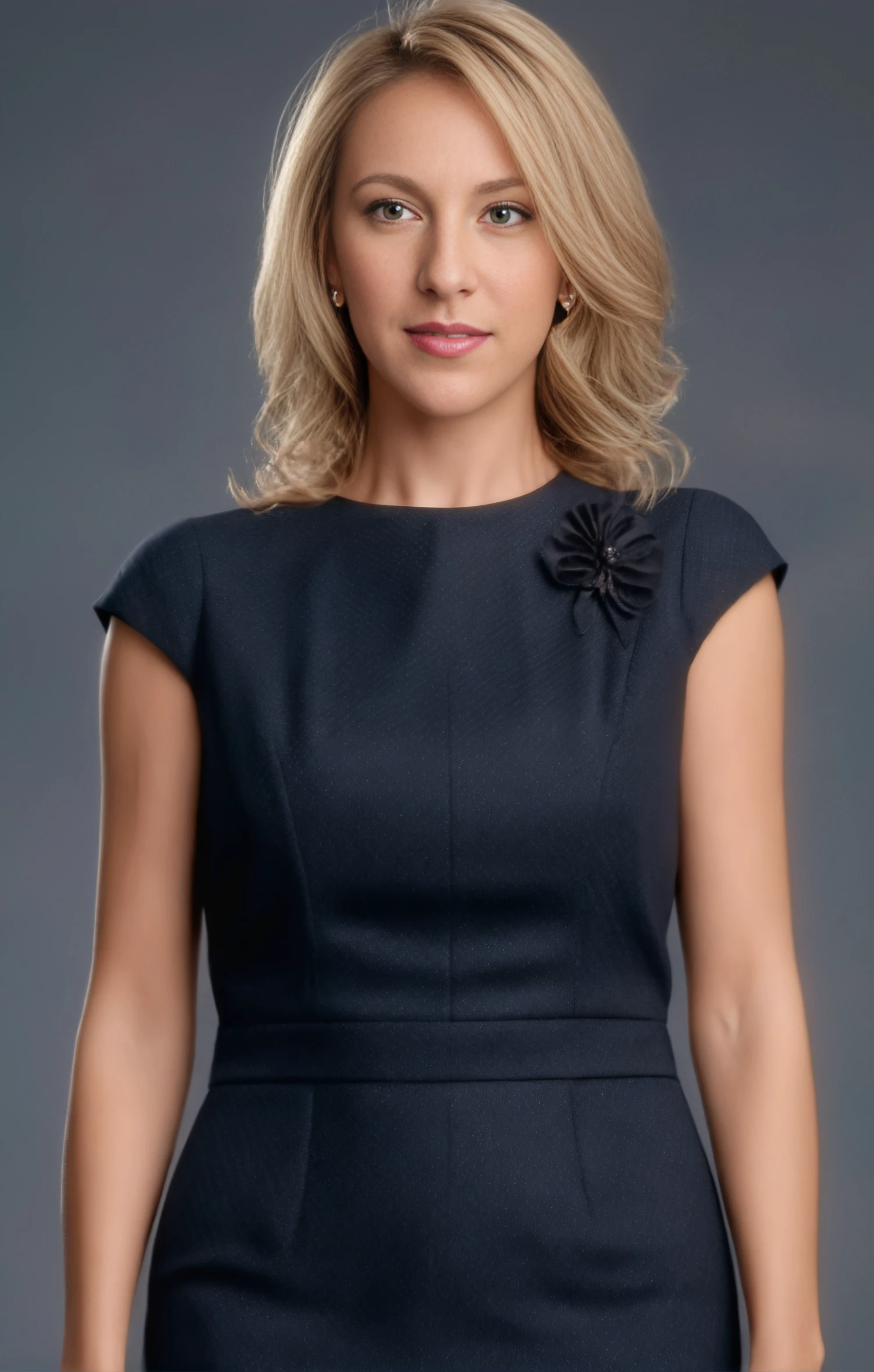 Photorealism <lora:SelenSDXL-000008:1>, full-body photo of  35yo selensdxl wearing a business dress, blond hair,  (looking at the viewer:1.2), ultra detailed, (sharp photo:1.2), Photorealism, often for highly detailed representation, photographic accuracy, or visual illusion.