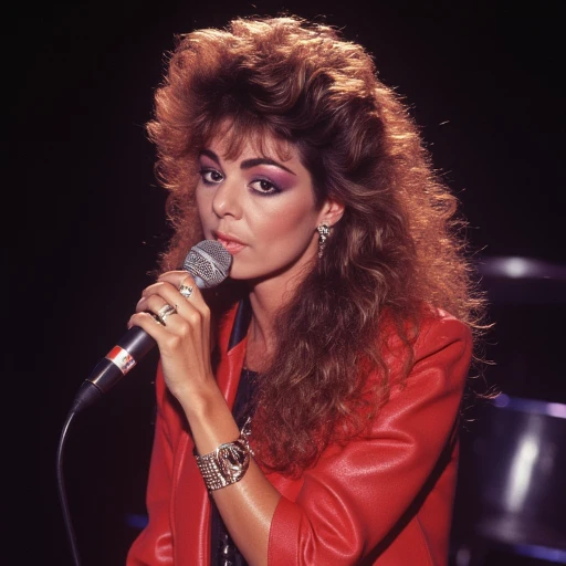 A female 80s popstar, detailed face, detailed eyes, live on stage