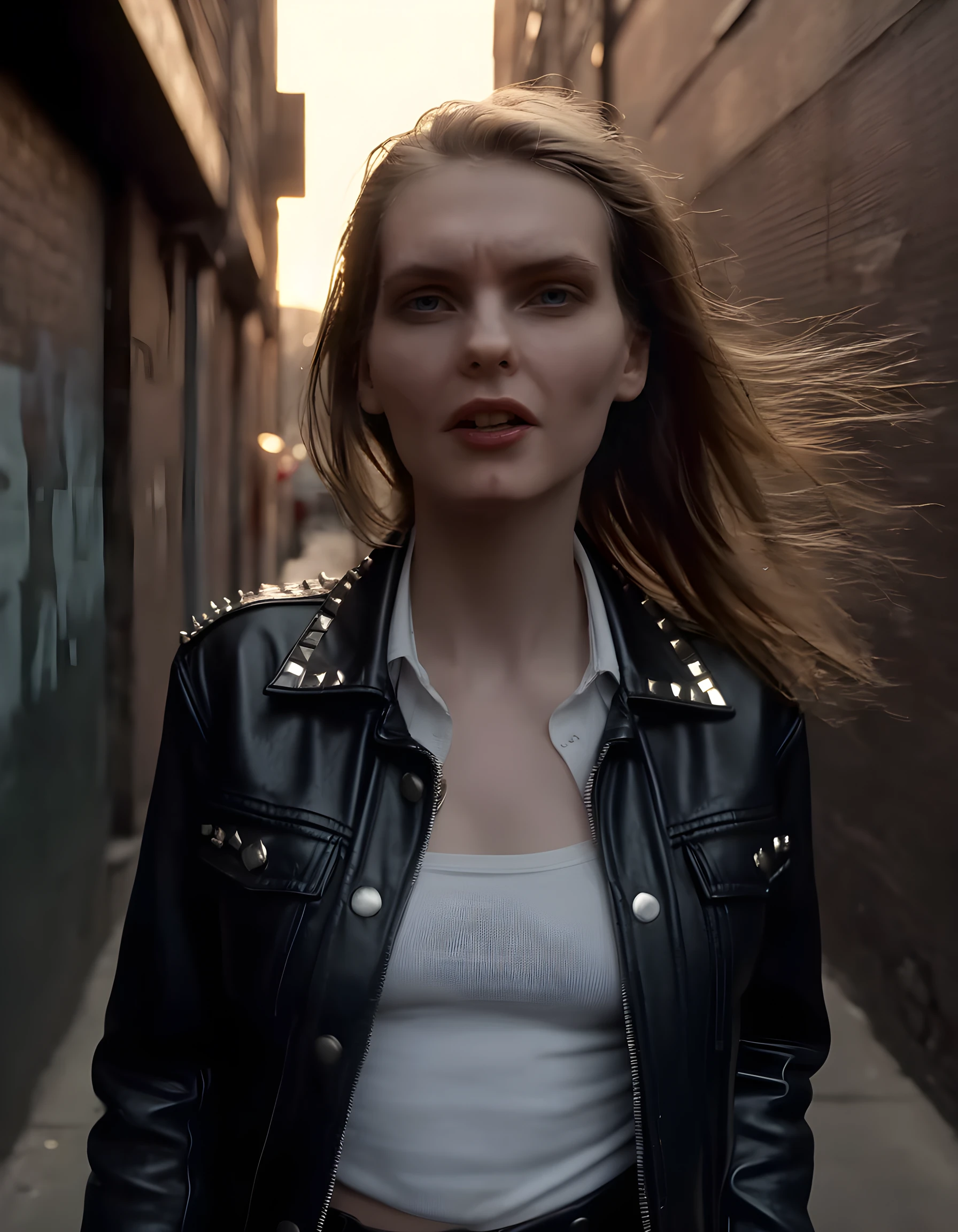 In a gritty, urban noir setting, the enigmatic N4T45H4, a woman of striking beauty, stands center frame with her back towards the camera, facing an ominous alleyway bathed in the harsh, golden light of a setting sun. Her lips are parted slightly, revealing a hint of gleaming white teeth, as she wears a leather jacket adorned with silver studs, its edges frayed and worn from countless encounters. The jacket is open, revealing a crisp, white shirt beneath, the collar turned up against the chill in the air. Her gaze remains fixed on something just out of view, her eyes filled with an intensity that suggests both vulnerability and strength, as if she's poised on the edge of a decision that will change everything.