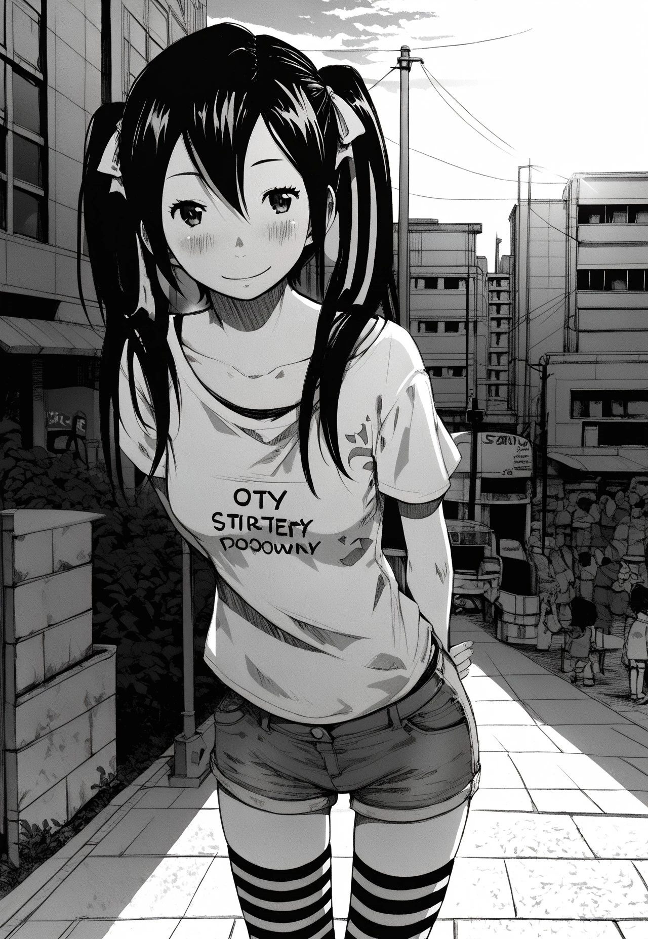 safe_pos, score_9, score_8_up, score_7_up, monochrome, asano inio \(style\), 1girl, medium small breasts, oversized t-shirt, city street, crowd, sky, backlighting, sun, leaning forward, arms behind back, smile, closed mouth, blush, v-shaped eyebrowns, black hair, twintail, hair ribbon, striped thighhighs, denim shorts, full body, slim, head tilt, looking at viewer