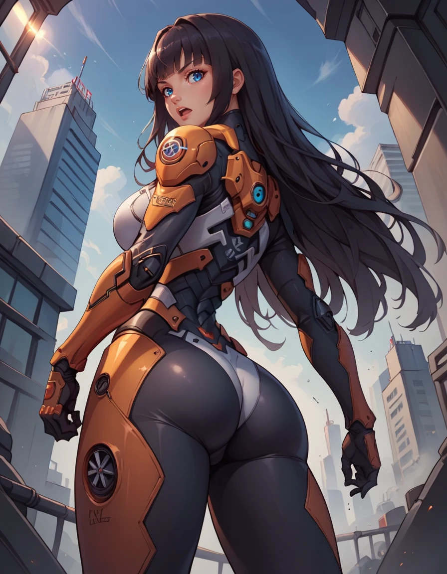 score_9, score_8_up, score_7_up,score_6_up, score_5_up, score_4_up ,
1girl, solo,
large breasts,
kaishimakodg, 
black hair, blue eyes, long hair,
pilot suit, armor, mecha musume,  
open mouth,
from below,
looking at viewer, 
city, neon lights, 
fighting stance,
from behind, ass, 
 <lora:Kai Shimako PXL v01-000002:0.90>