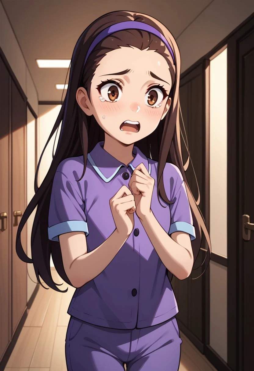 score_9, score_8_up, score_7_up, high quality, highres, MHPHEsther, 1girl, dark brown hair, long hair, brown eyes, purple headband, purple shirt, collared shirt, purple pants, short sleeves, pajamas, solo, indoors, hallway, young, Scared, dark room,