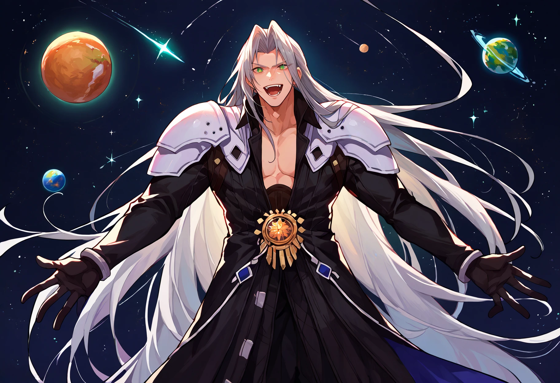 score_9, score_8_up, score_7_up, source_anime, <lora:StS_PonyXL_Detail_Slider_v1.4_iteration_3:2>, space, meteor, floating hair, black background, star \(sky\), planet,
<lora:FFVII_Sephiroth_V1.0:1> sephiroth, official outfit, 1boy, solo, long hair, grey hair, armor, open clothes, shoulder armor, long sleeves, pectorals, black jacket, jacket, very long hair, parted bangs, black gloves, high collar, long bangs, black coat, green eyes, slit pupils, looking at viewer, crazy eyes, laughing, insanity, spread arms, magic aura, glowing, open mouth, full body, feet out of frame,