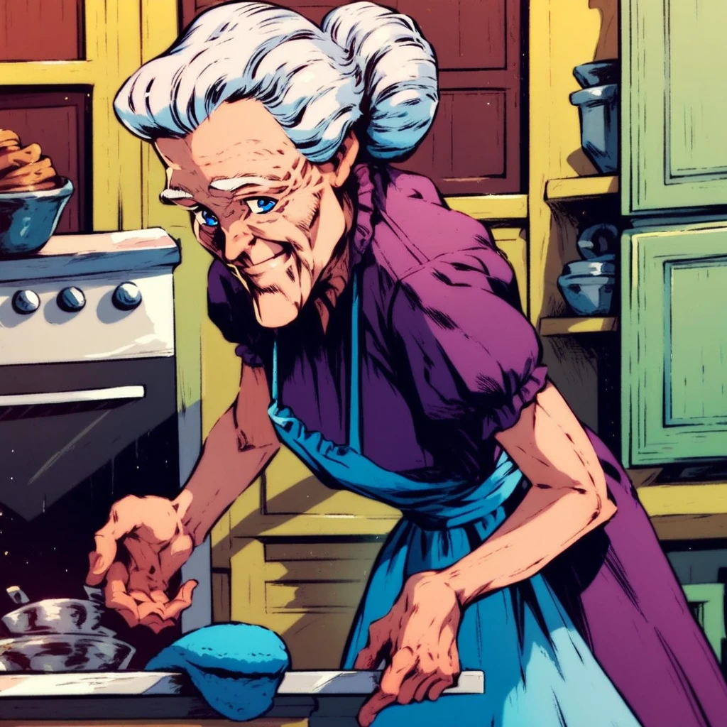 score_9_up, score_8_up, score_7_up, score_6_up, 1girl, solo, Aunt_May, old woman, single hair bun, blue eyes, warm smile, plain purple dress, apron, slippers, standing in a kitchen