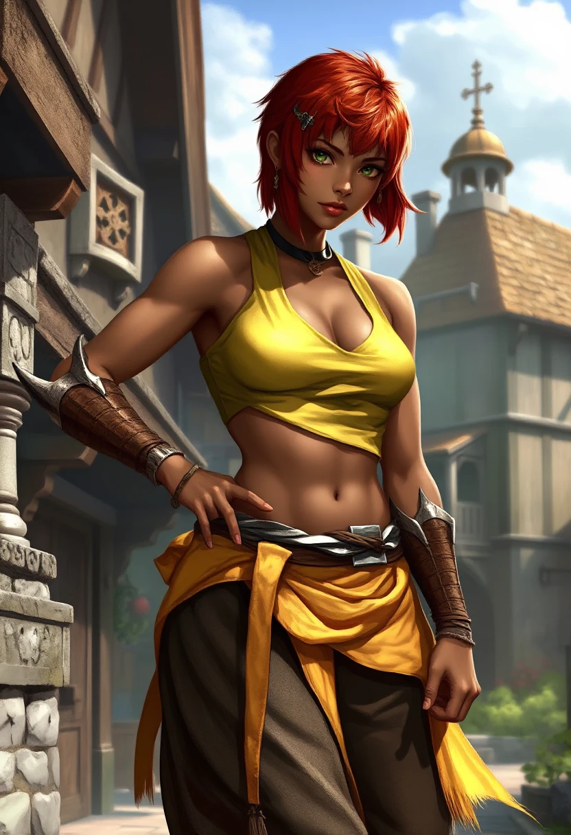 sehele style, dark tanned skinned atlethic tomboy woman with short red hair and green eyes. she is fantasy monk yellow clothes that show midriff and abs with underboob cutout top and baggy pants, standing in fighting stance around medieval fantasy village