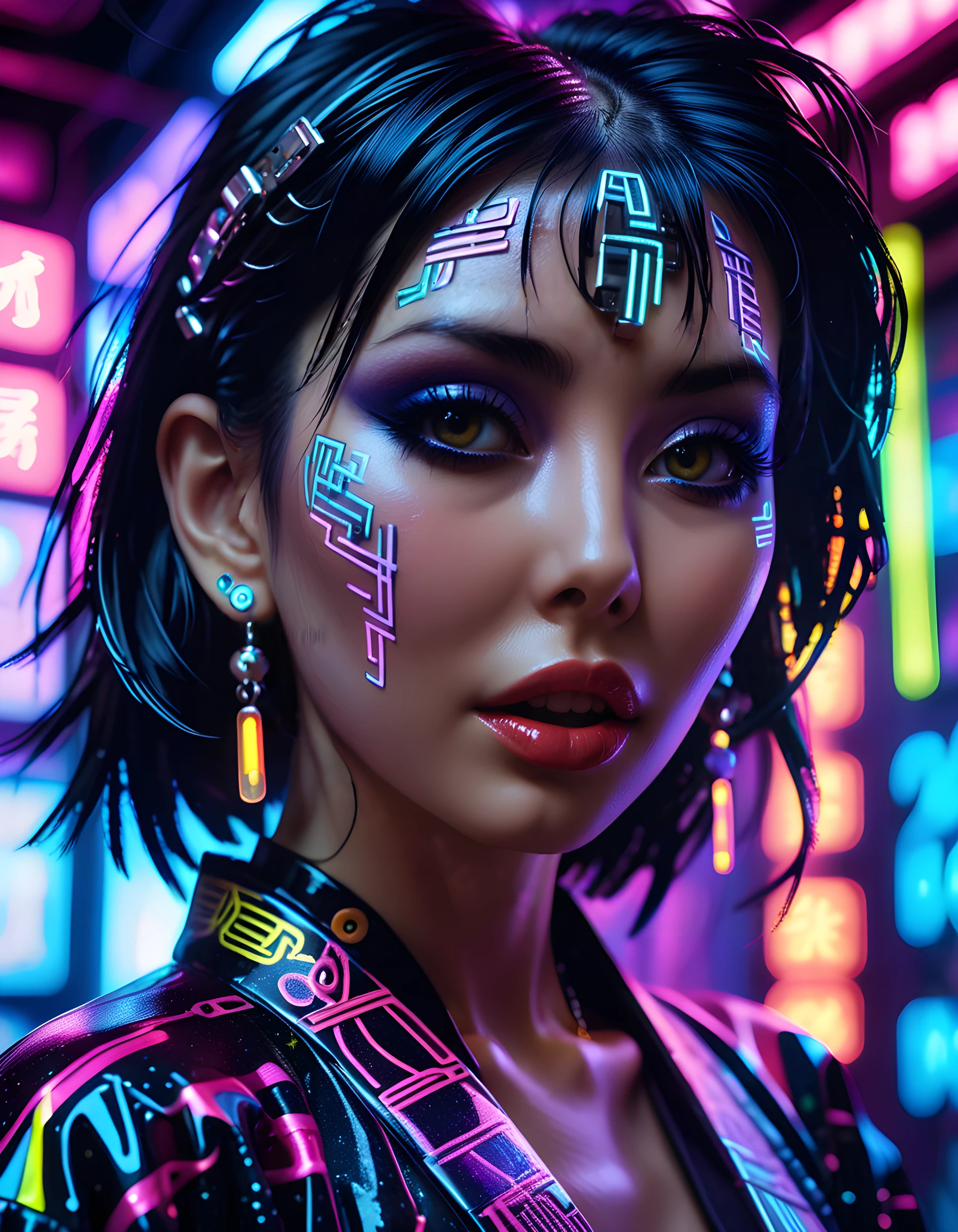 In a gritty, neon-lit underground dance club of the 1980s, the subject, N4DJ4L1Z4, a striking woman with black hair cascading down her shoulders and adorned in a unique outfit that blends futuristic cyberpunk elements with traditional Japanese kimono designs, is captured in a close-up shot from a low angle. Her intense gaze locks onto the viewer as she parted her lips to reveal glittering jewelry piercings, her nose ring glinting in the pulsating, neon light. The background is a blur of flashing colors and dancing bodies, emphasizing the woman's focused intensity and the raw energy of the scene, creating an emotionally charged and unforgettable image.