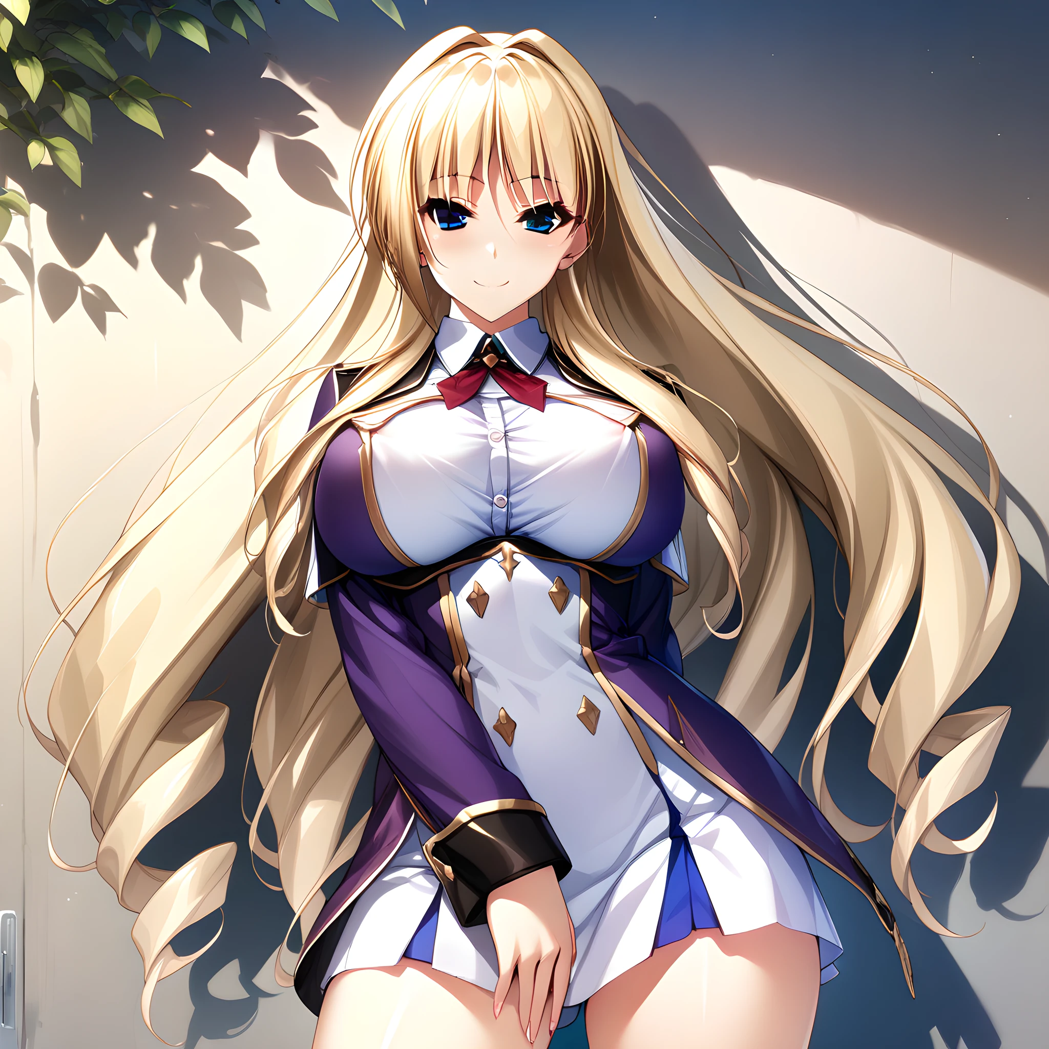 1girl, solo. silveria_leodiehl, blonde hair, blue eyes, large breasts, long hair, smile, cowboy shot, purple and white uniform, <lora:XL-SilveriaLeodiehl:1>, (masterpiece),(best quality),(ultra-detailed),(best illustration),(best shadow),(absurdres),(detailed background),(very aesthetic),