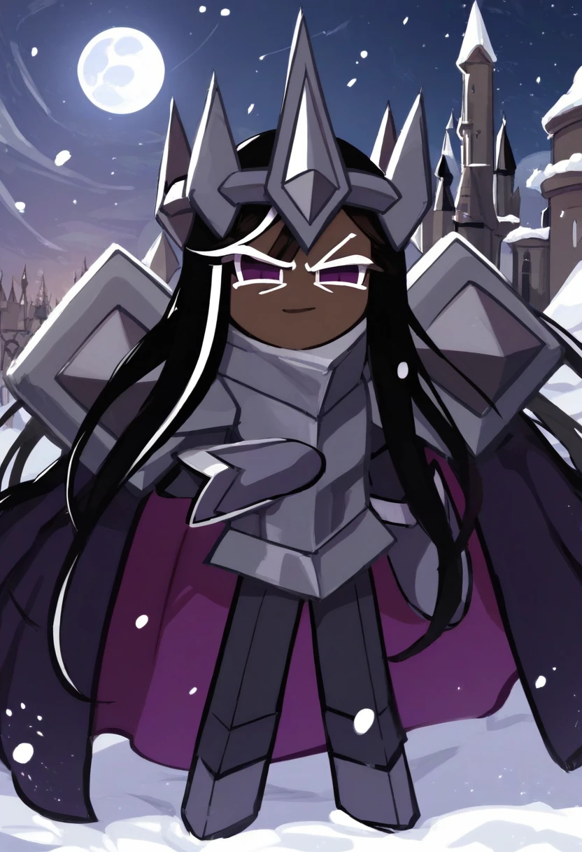 score_9, score_8_up, score_7_up, BREAK
(black castle:1.4), tower, flag, snow, snowing, clouds, dark, night, moon
DCC00K13, long hair, black hair, white streak, dark purple eyes, silver crown, silver armor, silver pauldrons, purple cape, dark skin, silver gauntlets
chibi, standing on tower, looking at viewer, light smile, (closed mouth:1.4)
 <lora:Dark_Cacao_Cookie:1>