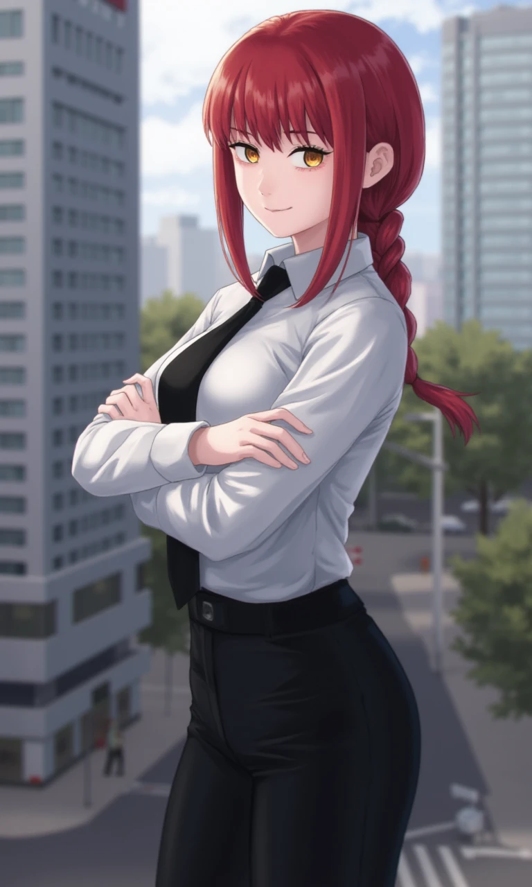 flux_makima, woman, collared shirt, white shirt, black pants, black necktie, red hair , sidelocks, yellow eyes, single braid, evil smile, evil, outdoors, city, tokyo, crossed arms