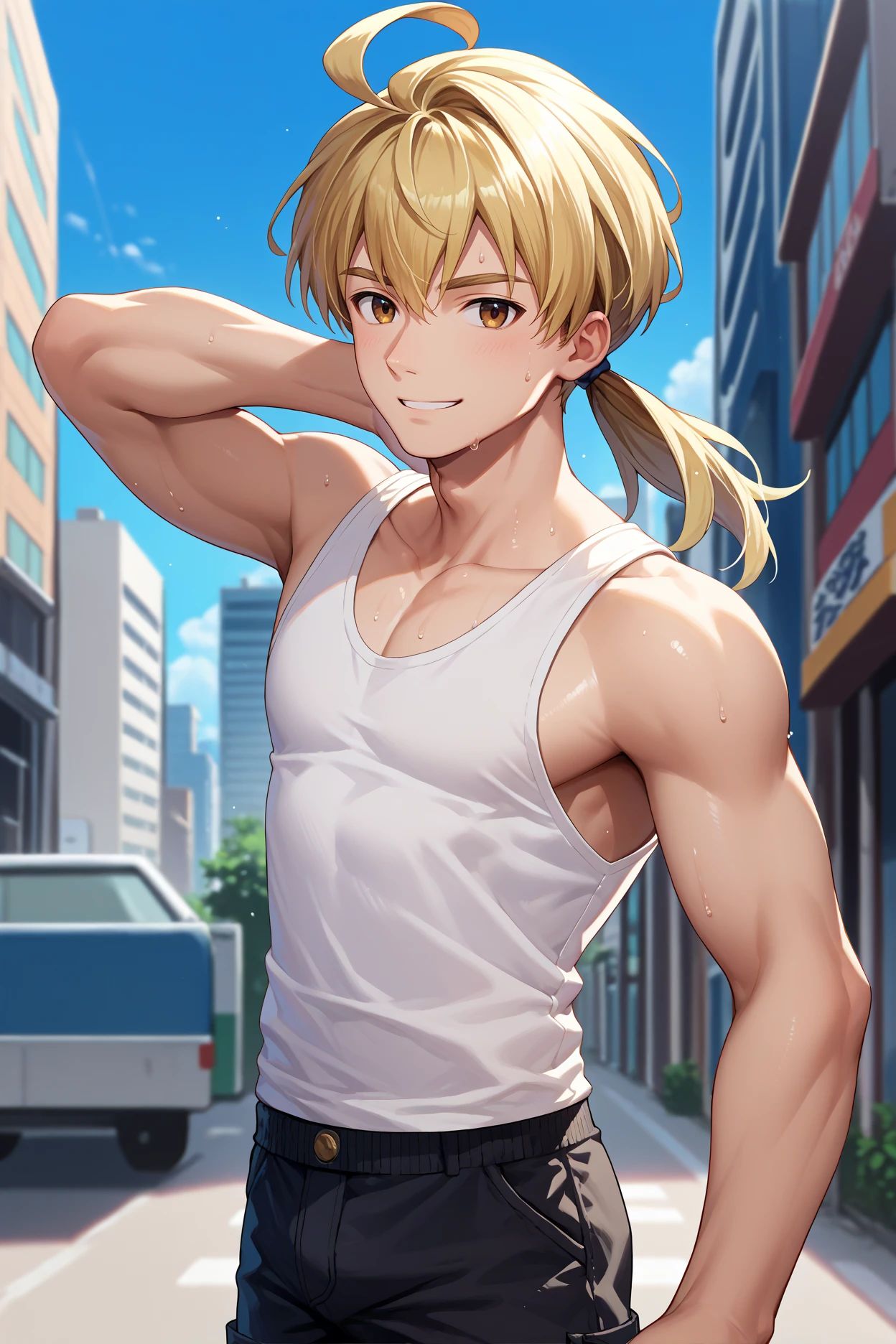 score_9, score_8_up, score_7_up, score_6_up, source_anime, 1boy, male focus, solo <lora:fframza-pdxl-nvwls-v1-000005:1> ramza beoulve, blonde hair, ahoge, brown eyes, low ponytail, white tank top, sweat, cargo shorts, city, blue sky, looking at you, smile