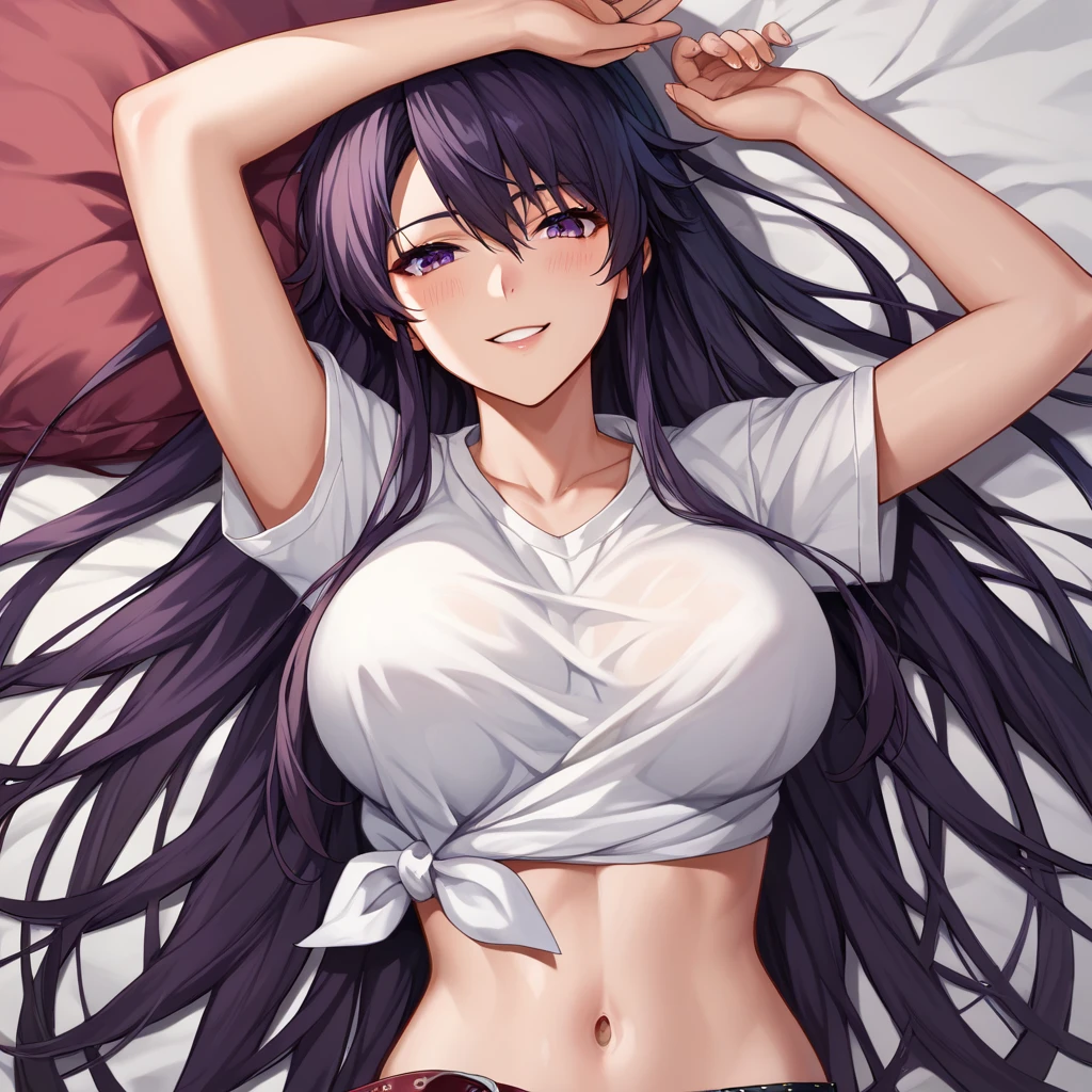 kanzaki_kaori, 1girl, long hair, solo, asymmetrical clothes, purple eyes, navel, shirt, large breasts, single pantsleg, lying, belt, very long hair, on back, tied shirt, pants, upper body, portrait, seductive smile, <lora:Pony-XL-KanzakiKaori:1>, score_9, score_8_up, score_7_up, score_6_up, source_anime,