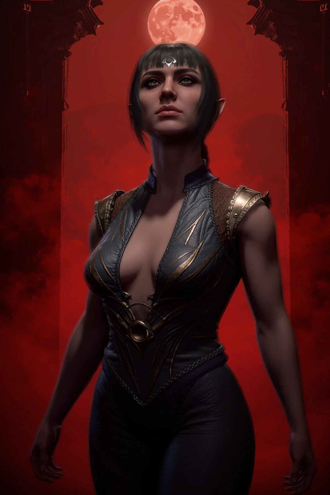 Shadowheart, dressed in a fitted, dark leather vest with intricate gold accents and trim, she stands confidently in a powerful stance on a dark, mysterious red misty background of a temple lit by a full moon.