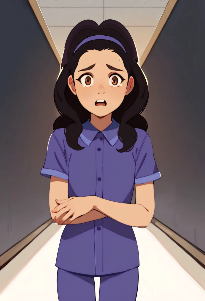 score_9, score_8_up, score_7_up, high quality, highres, MHPHEsther, 1girl, dark brown hair, long hair, brown eyes, purple headband, purple shirt, collared shirt, purple pants, short sleeves, pajamas, solo, indoors, hallway, young, Scared, dark room,