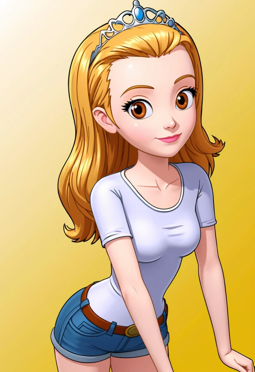 solo, 1girl, Princess_Amber, blond hair, brown eyes, tiara, t-shirt, jean shorts, standing, dynamic posing, light smile, simple background, dynamic angle,