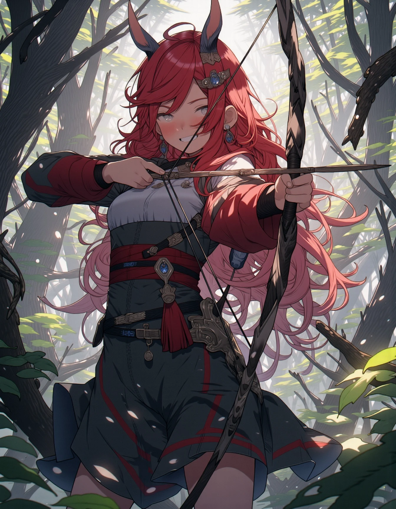 An anime-style red-haired elf girl with long, flowing hair stands in the middle of a dense forest, surrounded by towering ancient trees and dappled sunlight. She has sharp, pointed ears and wears a detailed archer's outfit. With a focused expression, she is drawing back a bow, ready to release an arrow. As she pulls the bowstring, a whimsical 'twang!' sound effect appears nearby, visually represented in dynamic letters with a slight shimmer. The atmosphere is a mix of nature’s serenity and the poised readiness of a skilled archer, with shafts of light piercing through the thick canopy above and casting soft shadows across the forest floor. The subtle but playful sound effect adds a touch of fantasy to the otherwise tense and focused scene.