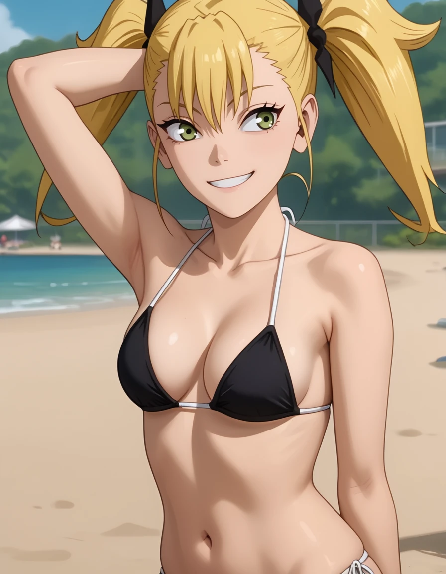 <lora:Kikoru:1>, shinomiya kikoru, solo, smile, bikini, one hand behind head, looking away