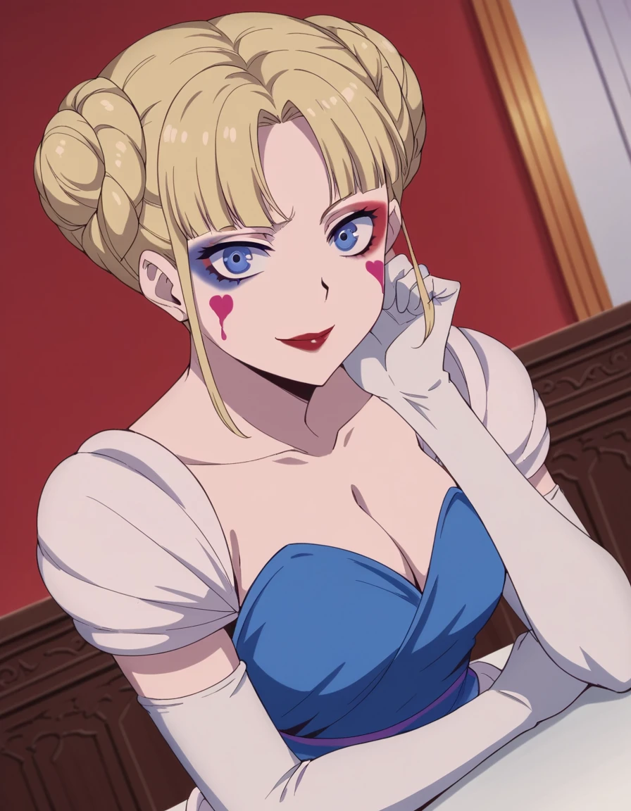 score_9, score_8_up, score_7_up, source_anime, <lora:princess-fione-s1-ponyxl-lora-nochekaiser:1>, princess fione, short hair, blue eyes, blonde hair, braid, hair bun, double bun,, heart, makeup, lipstick, facepaint, lipstick mark, gloves, dress, cleavage, elbow gloves, white gloves, blue dress,, indoors, smile, looking at viewer, solo, sitting, head rest, table,, cowboy shot, dutch angle