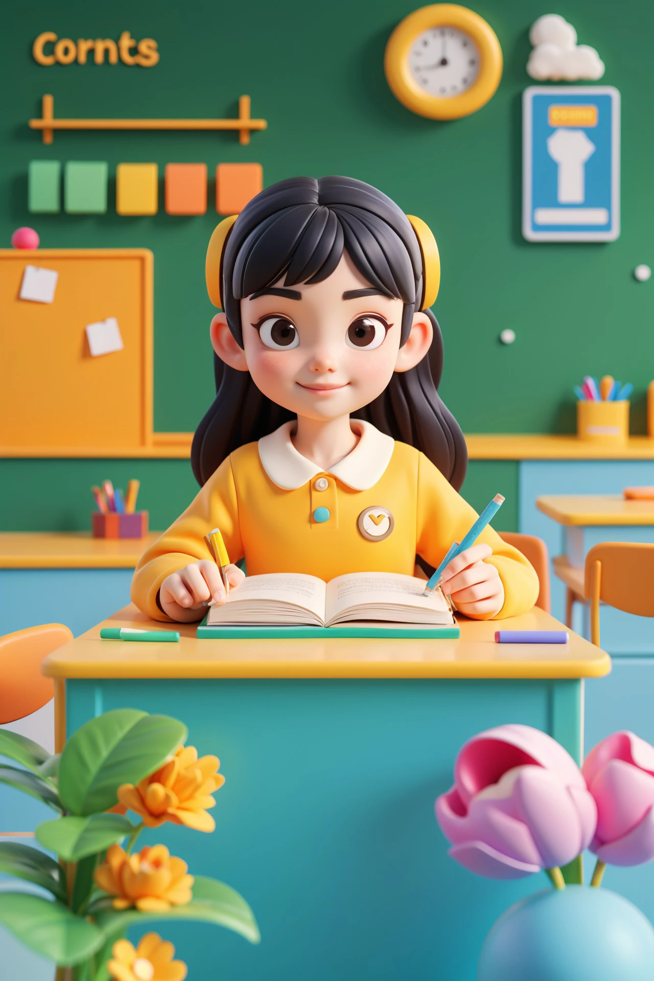 "3D style, Q version cute scene of a girl sitting at a desk in a bright, cheerful classroom, focused intently on her studies. The desk is neatly organized with books and stationery, and the girl has a determined expression. The background includes a chalkboard and colorful educational posters, emphasizing a clean and productive learning environment."