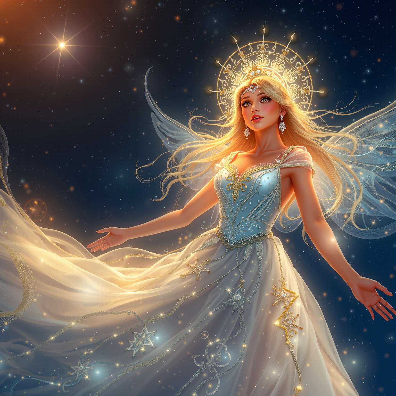 Ethereal star princess, diaphanous gown, shimmering stardust, intricate halo, luminous beauty. Night sky, glowing constellations, soft light, dreamy ambiance, mesmerizing allure.