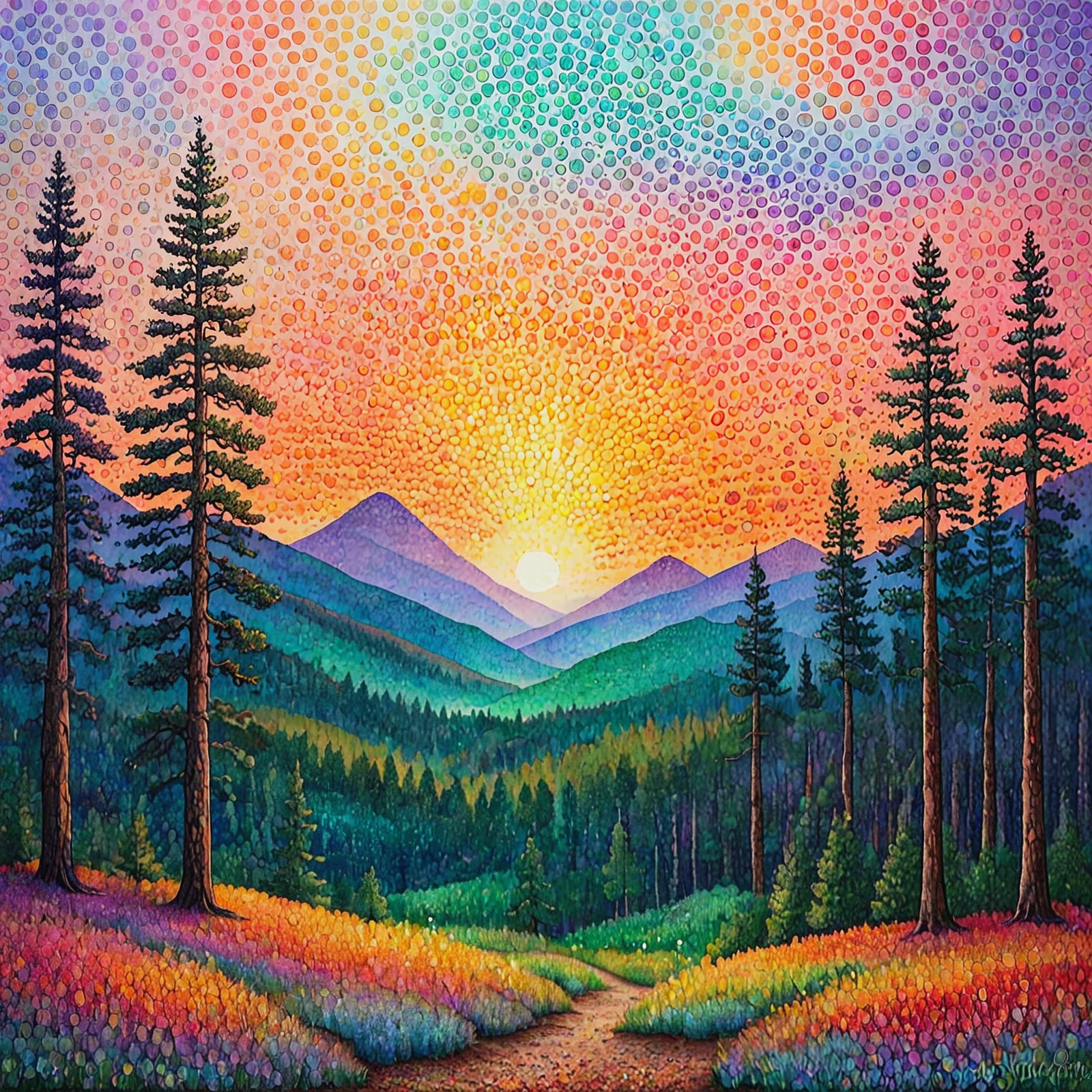 Pointillism. Colorful. Rustic. 

A forest at sunset. Mountains. Clouds.

<lora:Pointillistic01-01_CE_SDXL_96:1>