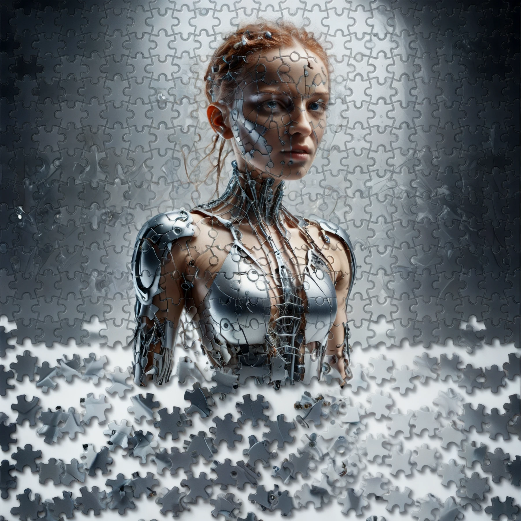 Highly detailed. 

A Female cyborg, a melding of organic and robotic elements, gleaming white in a laboratory.

Jigsaw fragments.

<lora:JSFragments01-00_CE_SDXL_128OT:0.8>